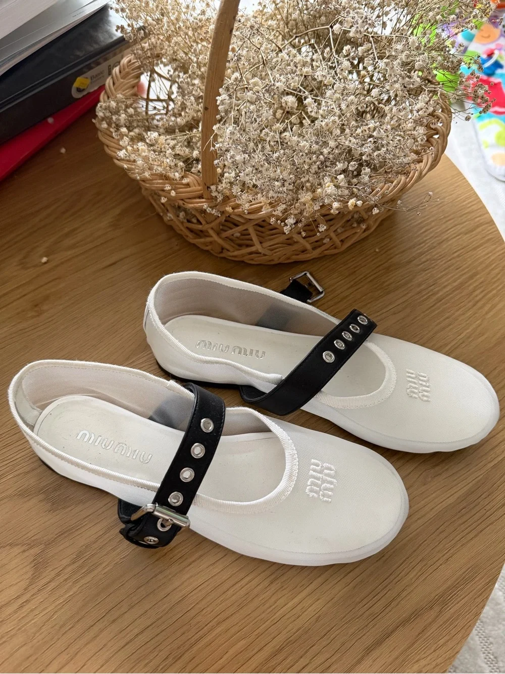 Miu Miu White Canvas Mary Jane Flats with Black Studded Strap 6-6.5 size